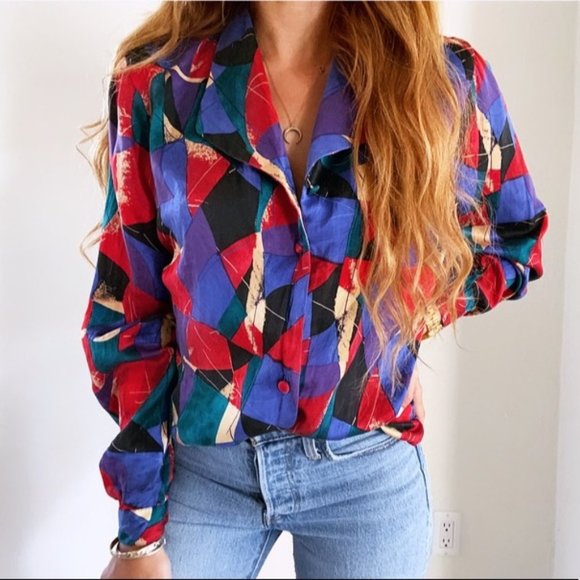 Vintage Tops - Vintage 100% Silk Quo-Silk Geometric Print Blouse